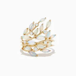 BH Multi Aurora 14K Yellow Gold Opal and Diamond Filagree Leaf Ring, 1.81 TCW | Rings