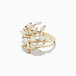 BH Multi Aurora 14K Yellow Gold Opal and Diamond Filagree Leaf Ring, 1.81 TCW | Rings