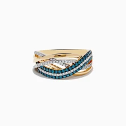 Effy Jewelry Bella Bleu 14K Yellow Gold Blue and White Diamond Crossover Ring | Rings