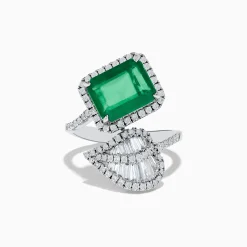 Effy Jewelry Brasilica 14K White Gold Emerald and Diamond Leaf Ring | Rings
