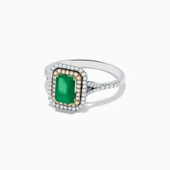 Effy Jewelry Brasilica 14K White u0026 Yellow Gold Emerald and Diamond Double Halo Ring | Rings