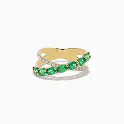 Effy Jewelry Braslica 14K Yellow Gold Emerald and Diamond Crossover Ring | Rings