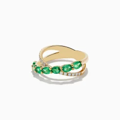 Effy Jewelry Braslica 14K Yellow Gold Emerald and Diamond Crossover Ring | Rings