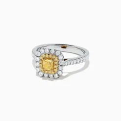 BH Multi Canare 18K Two Tone Gold Cushion Double Halo Yellow Diamond Ring, 0.97 TCW | Rings
