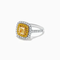 Effy Jewelry Canare 14k Two Tone Gold Cushion Cut Double Halo Yellow Diamond Ring 1.86 TCW | Rings