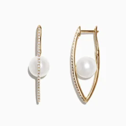 Effy Jewelry 14K Gold Cultured Fresh Water Pearl u0026 Diamond Hoop Earrings, 0.20 TCW | Earrings