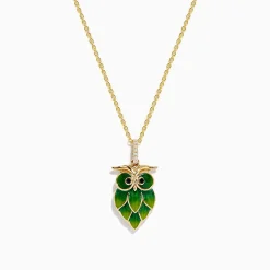 Effy Jewelry 14K Gold Diamond Green and Yellow Enamel Owl Pendant | Necklaces & Pendants