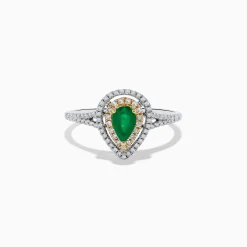 Effy Jewelry 14K White and Yellow Gold Pear Shaped Double Diamond Halo Emerald Ring | Rings