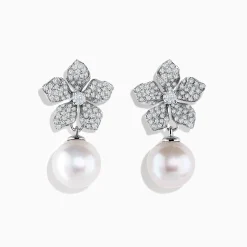 Effy Jewelry 14K White Gold Diamond Flower and Fresh Water Pearl Drop Earrings | Earrings