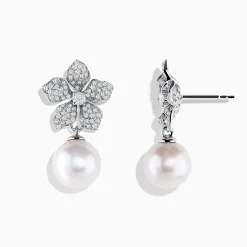 Effy Jewelry 14K White Gold Diamond Flower and Fresh Water Pearl Drop Earrings | Earrings