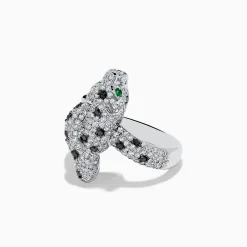 Effy Jewelry 14K White Gold Emerald, White and Black Diamond Panther Ring | Rings