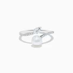 Effy Jewelry 14K White Gold Fresh Water Pearl and Diamond By Pass Ring | Rings