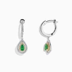 Effy Jewelry 14K White u0026 Yellow Gold Pear Shaped Double Diamond Halo Emerald Drop Earrings | Earrings