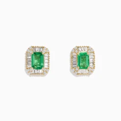 BH Multi 14K Yellow Gold Baguette Diamond Halo Emerald Stud Earrings | Earrings