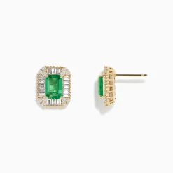 BH Multi 14K Yellow Gold Baguette Diamond Halo Emerald Stud Earrings | Earrings