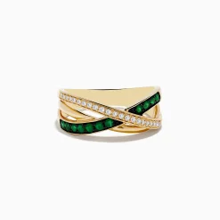 Effy Jewelry 14K Yellow Gold Emerald and Diamond Crossover Band | Rings