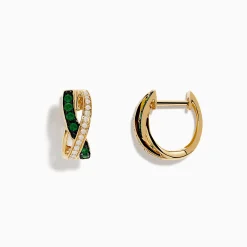 Effy Jewelry 14K Yellow Gold Emerald and Diamond Crossover Hoop Earrings 1/2" | Earrings