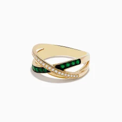 Effy Jewelry 14K Yellow Gold Emerald and Diamond Crossover Band | Rings