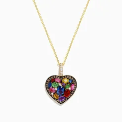 Effy Jewelry 14K Yellow Gold Multi Color Sapphire, White and Brown Diamond Heart Pendant | Necklaces & Pendants