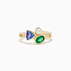 BH Multi 14K Yellow Gold Tri Stone Diamond, Emerald and Tanzanite Ring | Rings