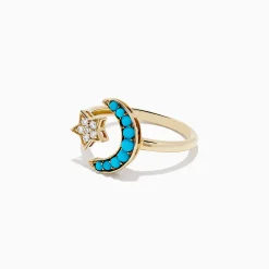 BH Multi 14K Yellow Gold Turquoise and Diamond Moon and Star Ring, 0.32 TCW | Rings