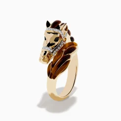 Effy Jewelry 14K Yellow Gold White and Black Diamond Tiger Eye Horse Ring | Mens