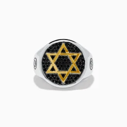 Effy Jewelry Men's 925 Sterling Silver and Gold Plated Black Spinel Star of David Ring | Mens