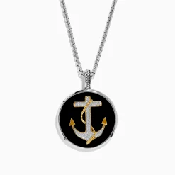 Effy Jewelry Men's 925 Sterling Silver White Topaz and Onyx Anchor Pendant | Mens