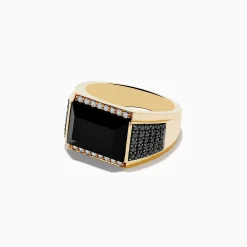 Effy Jewelry Men's 14K Yellow Gold Black and White Diamond and Onyx Ring | Mens