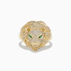 Effy Jewelry Men's 14K Yellow Gold Emerald and Diamond Lion Ring | Mens