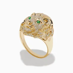 Effy Jewelry Men's 14K Yellow Gold Emerald and Diamond Lion Ring | Mens