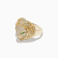 Effy Jewelry Men's 14K Yellow Gold Emerald and Diamond Lion Ring | Mens