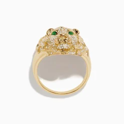 Effy Jewelry Men's 14K Yellow Gold Emerald and Diamond Lion Ring | Mens