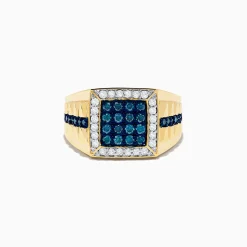 Effy Jewelry Men's 14K Yellow Gold White and Blue Diamond Ring | Mens