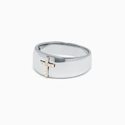 Effy Jewelry Men's Sterling Silver and 14K Gold Diamond Cross Ring, 0.06 TCW | Mens