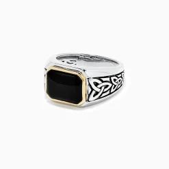 Effy Jewelry Men's Sterling Silver and 14K Yellow Gold Onyx Ring, 3.40 TCW | Mens