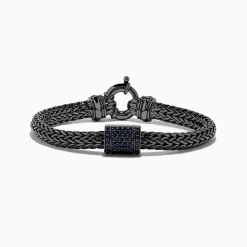 BH Multi Men's Sterling Silver Black Rhodium Braided Chain Blue Sapphire Bracelet 1.40 TCW | Mens
