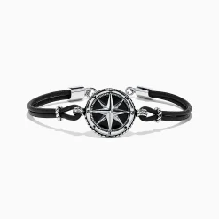 Effy Jewelry Men's Sterling Silver Onyx Compass Leather Bracelet, 4.00 TCW | Mens