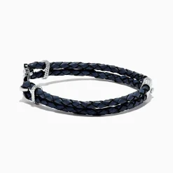 Effy Jewelry Men's Sterling Silver Woven Leather Sapphire Anchor Bracelet, 0.52 TCW | Mens