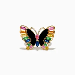 Effy Jewelry Nature 14K Yellow Gold Multi Sapphire Agate and Diamond Butterfly Ring | Rings