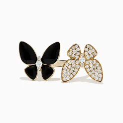 BH Multi Nature 14K Yellow Gold Onyx and Diamond Butterfly Ring, 1.86 tcw | Rings