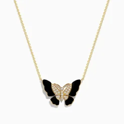 Effy Jewelry Nature 14K Yellow Gold Onyx and Diamond Butterfly Necklace | Necklaces & Pendants