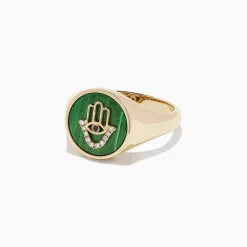 BH Multi Novelty 14K Yellow Gold Malachite and Diamond Hamsa Ring, 2.86 TCW | Rings