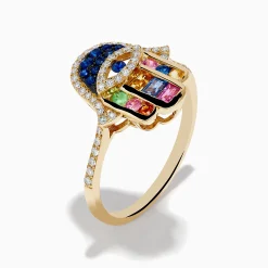 Effy Jewelry Novelty 14K Yellow Gold Multi Color Sapphire and Diamond Hamsa Ring | Rings