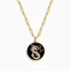 BH Multi Novelty 14K Yellow Gold Onyx and Diamond Dragon Coin Pendant, 4.62 TCW | Necklaces & Pendants