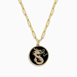 BH Multi Novelty 14K Yellow Gold Onyx and Diamond Dragon Coin Pendant, 4.62 TCW | Necklaces & Pendants