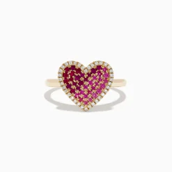 Effy Jewelry Novelty 14K Yellow Gold Pink Sapphire, Ruby and Diamond Heart Ring | Rings