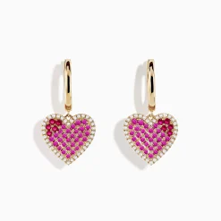 Effy Jewelry Novelty 14K Yellow Gold Ruby, Pink Sapphire and Diamond Heart Earrings | Earrings