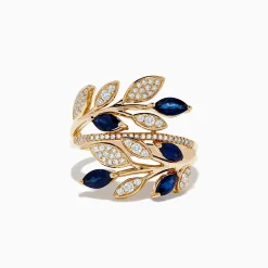 Effy Jewelry Royale Bleu 14K Yellow Gold Blue Sapphire and Diamond Leaf Ring | Rings