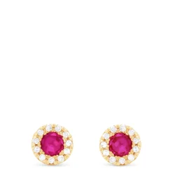Effy Jewelry Ruby Royale 14K Yellow Gold Round Diamond Halo Ruby Stud Earrings, 0.47 TCW | Earrings